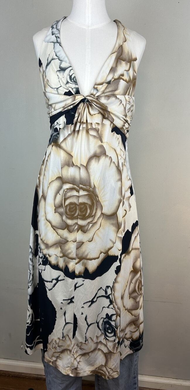 VTG Newport News Stretchy Floral Halter Maxi Dress Sz Med Neutrals Vacation